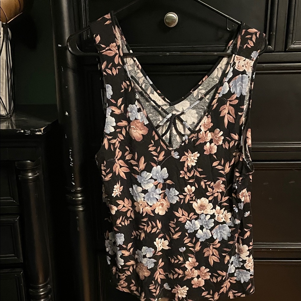 Floral V-Neck Sleeveless Top - Black with Blue & Blush Flowers
